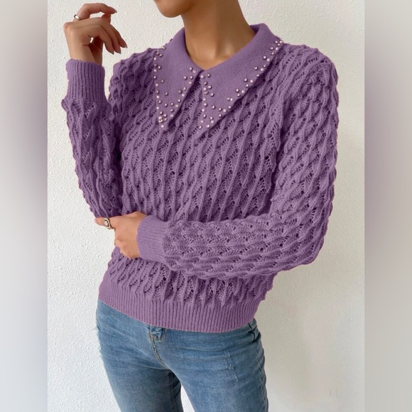 Purple Pointelle Knit Rhinestone Faux Pearl Sweater - Picture 3 of 6